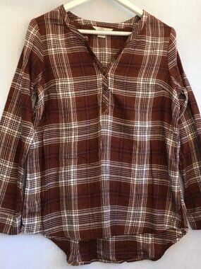 Bob Timberlake Top Flannel Plaid Blouse Shirt Brown Pullover Women Medium Casual